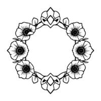 Intricate black and white floral wreath featuring stylized poppy blooms, geometric accents, and a circular layout on a white background. vector