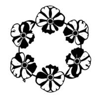 A monochrome floral wreath comprised of six stylized flowers arranged in a circular composition, set against a bright white background. vector