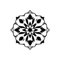 Intricate black and white floral mandala, symmetrical , symbolic of meditation and tranquility, set against a clean white background. vector