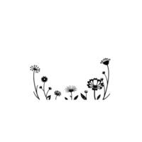 Minimalist Floral Arrangement Black Line Art of Various Wildflowers and Blossoms Creating a Subtle Border on White. vector
