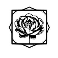 A Stylized Black and White Peony Flower, Centered Within a Geometric Border, Suggesting Elegance and a Touch of Minimalism. vector