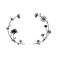 Delicate Floral Wreath A symmetrical blackandwhite line art illustration featuring various stylized flowers and leaves, creating a simple, elegant, and ornamental on a clean white background vector