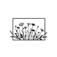Black and white minimalist floral illustration of various wildflowers in a rectangular frame, on a plain white background, depicting a stylized garden scene. vector