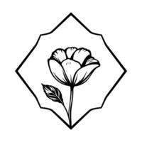 Monochromatic floral illustration of a stylized tulip inside an irregular geometric frame, featuring intricate line art, perfect for elements. vector