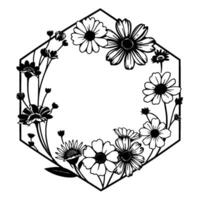 Illustration of a Hexagon Frame Adorned with Detailed Black and White Daisy Flowers, Buds, and Leafy Stems. vector