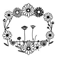 A minimalist black and white floral frame , showcasing daisylike flowers and abstract blooms, surrounding a clean, empty space. vector