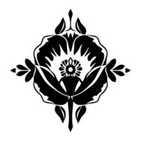 Symmetrical floral emblem in stark black and white, featuring stylized petals, leaves, and a central, detailed flower with a symmetrical . vector