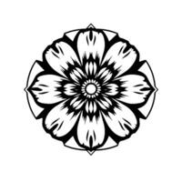 Intricate symmetrical floral mandala in bold black and white, featuring layered petal patterns, a circular center and geometric embellishments. vector