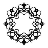 Ornate Black White Floral Wreath Symmetrical with Bold Outlines, Centered on White, Decorative Border, and Elegant Flourishes. vector
