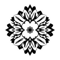 Symmetrical Floral Mandala in Black and White with Petal, Leaf, and Center Details, on White Background. vector