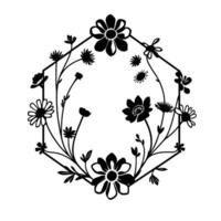 Intricate Black Floral Hexagon Frame with Various Detailed Blossoms, Leaves, and Stems on a White Background. vector