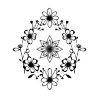 Black and White Floral Mandala A symmetrical featuring stylized flowers, leaves, and a central starburst element arranged in an oval frame on a clean white background. vector