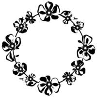 Black and white floral ring , a decorative wreath pattern with various stylized blossoms and simple stems on a white background. vector
