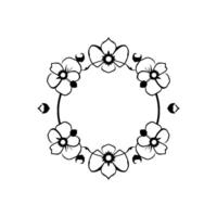 Stylized Floral Wreath in Black and White A symmetrical arrangement of blossoming flowers forming a circular frame, with elegant, minimalist . vector