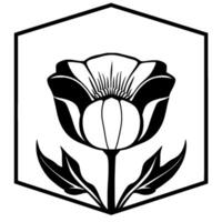 Stylized Black and White Floral Within a Hexagonal Frame, Showcasing a Detailed Poppylike Flower with Leaves. vector