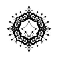 Symmetrical Black and White Floral Geometric Pattern featuring a central star and stylized organic details, creating a harmonious visual balance. vector