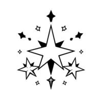 Stylized Black, White, and Gray Starburst Composition with Varied Star Shapes and Symmetrical Arrangement on White Background. vector