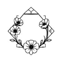 Elegant Monochrome Floral Frame with Geometric Accents Decorative Wreath of Poppies and Leaves in a Clean, Modern . vector