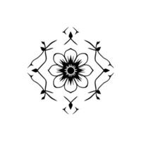Intricate blackandwhite floral mandala with radiating petals, detailed center, and stylized leaf motifs on a clean white background. vector