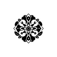 Intricate symmetrical black and white floral mandala , with layered petals and decorative foliage within a diamond frame, set against a stark white backdrop. vector