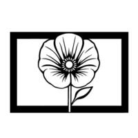 A stylized, symmetrical black and white poppy flower illustration, framed within a bold, rectangular border. vector
