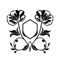 Black and White Floral Crest symmetrical arrangement of stylized poppy flowers flanking a hexagonal emblem with intricate leaf and vine patterns on a white background. vector