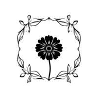 A minimalist, black and white floral featuring a centered gerbera daisy encircled by delicate, leafy vines, creating a harmonious and elegant composition. vector