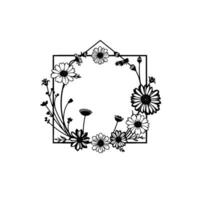 Elegant monochrome floral frame featuring daisies, buds, and geometric framing, evoking simplicity and nature. vector