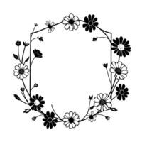 Delicate monochrome floral frame, featuring daisylike blossoms intertwined with a geometric polygon , ideal for invitations and decorations. vector