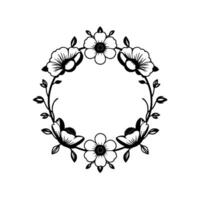 Intricate Black and White Floral Wreath Composition with Open Center, Emphasizing Line Art and Decorative Elements. vector