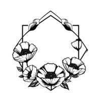 Elegant Black and White Floral Geometric Frame Detailed Pen Ink Style Poppies Arranged Within a Modern, Clean Hexagonal Border. vector