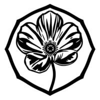 Intricate Black and White Floral Illustration within a Hexagonal Border, Featuring Detailed Petals, Stem, and Seed Head. vector