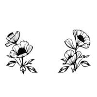 Black and white floral arrangement of two clusters of anemonelike blossoms with leaves, set against a clean white background, simple and elegant. vector