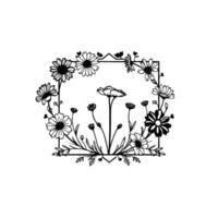 Elegant black and white floral frame illustration, featuring various daisies and wildflowers within a geometric border, evoking a sense of delicate beauty and nature. vector