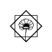 A stylized black and white poppy flower framed within a square and diamond geometric , showcasing clean lines and a symmetrical composition. vector