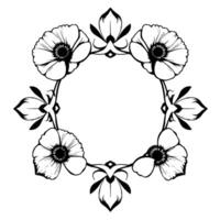 Intricate Black and White Floral Wreath with Poppies and Ornamental Elements, Perfect for Borders and Decorations. vector