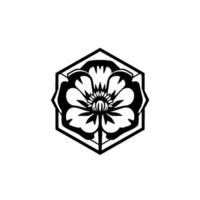 Intricate Black and White Geometric Illustration of a Flower Enclosed within a Hexagonal Frame, Minimalist Floral . vector