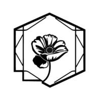 Elegant black and white floral illustration of a poppy flower within a geometric hexagonal frame, symbolizing natures beauty and structure. vector