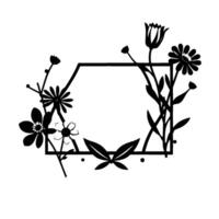 Black and White Floral Hexagon Frame Delicate Flower Arrangement with Geometric Border on a Clean White Background. vector