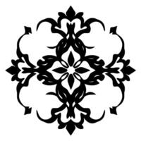 Symmetrical black floral ornament on white background, with a central flowerlike motif and intricate swirling details, creating a decorative pattern. vector