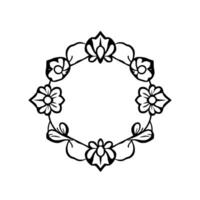 Ornate Black and White Floral Wreath, Featuring Stylized Flowers and Leaves Arranged in a Circular Pattern, Isolated on White. vector