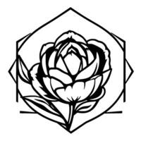 Elegant black and white illustration of a peony flower enclosed within a geometric hexagon and diamond frame. vector
