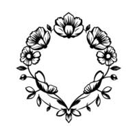 Black and white botanical illustration of an ornate floral wreath composed of stylized flowers, leaves, and buds, arranged in a symmetrical circular pattern against a clean white background. vector