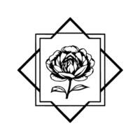 Black and white floral illustration featuring a peony within a geometric square and starlike frame, isolated on white background. vector