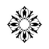 Geometric black and white floral mandala with symmetry and sharp, stylized petal shapes arranged around a central circular void. vector