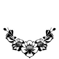 Black and White Floral Crest with Delicate Hearts and Leafy Embellishments in Minimalist Style. vector