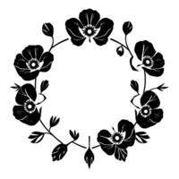 Black floral wreath silhouette on white background stylized poppies and buds arranged in a circular frame, minimalist . vector