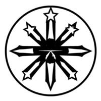 Geometric grayscale celestial symbol within a circle frame featuring a central star burst with radiating startipped lines, evoking balance and symmetry. vector