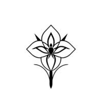 A symmetrical, minimalist, black and white botanical illustration of a stylized flower with sharp points and a central orb, exuding elegance. vector