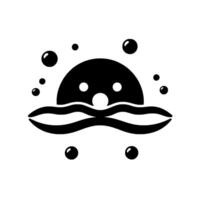 Minimalist black and white depicting a whimsical creature with bubbles above stylized waves, evoking a playful underwater scene. vector